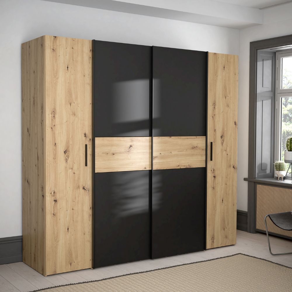 Armadio Teodoro 4 ante rovere e nero con ante scorrevoli e battenti 200x61x190H