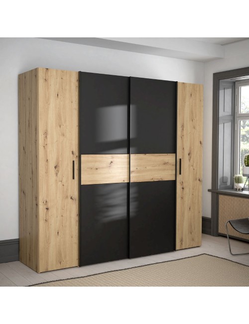 Armadio Teodoro 4 ante rovere e nero con ante scorrevoli e battenti 200x61x190H