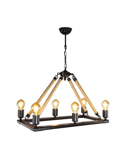 Lampada a sospensione stile retrò con dettagli in corda 6 punti luce Bohem ASZ0866 colore nero
