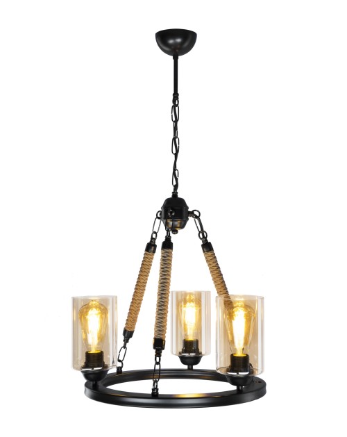 Lampada a sospensione stile retrò con dettagli in corda 3 punti luce Lotus ASZ0954 colore nero