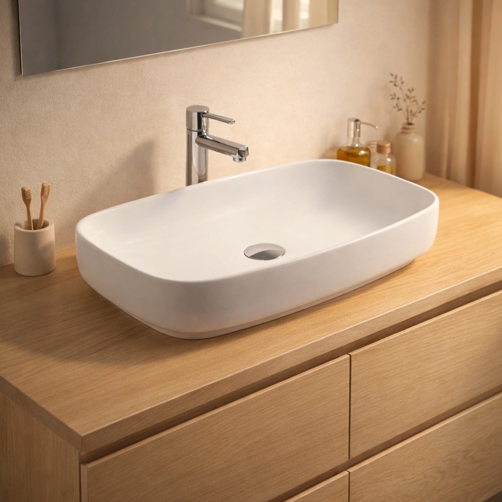 Lavabo da appoggio 1 vasca in ceramica per bagno 60x38 bianco lucido – Modello LAV43560