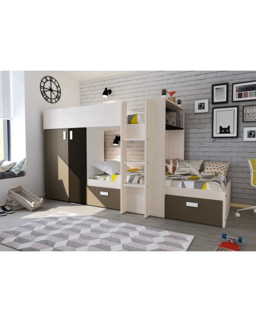 Letto a castello con armadio e cassetti 1371 colore bianco vintage, beige e marrone