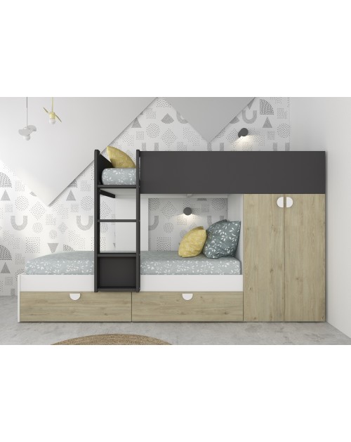 Letto a castello rovere e antracite con armadio 2 ante e cassetti