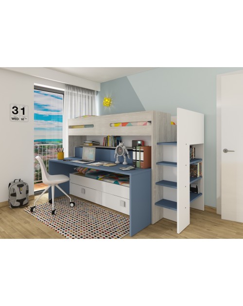 Letto a castello con scrivania estraibile 6070 colore bianco celeste