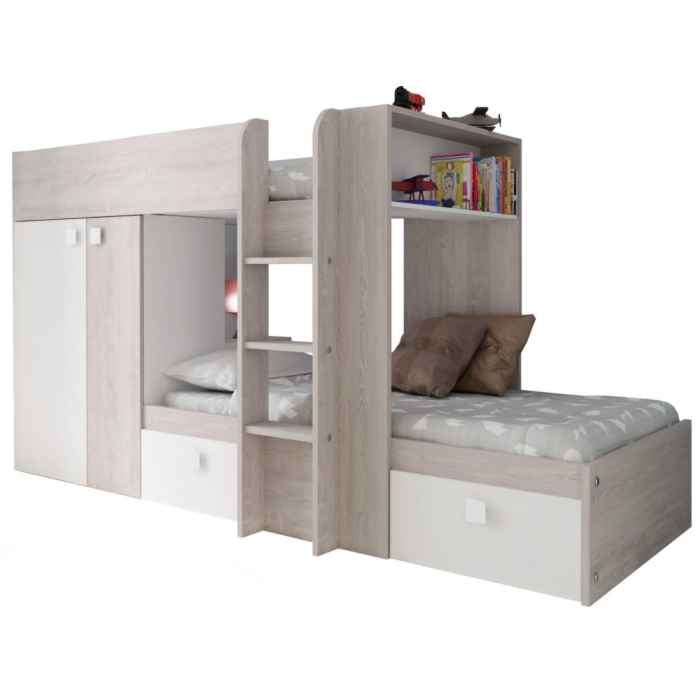 Letto a castello bianco e bianco vintage con armadio e cassetti 1266