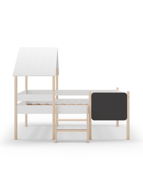 Letto rialzato a casetta Mint in legno massiccio bianco e pino con lavagnetta