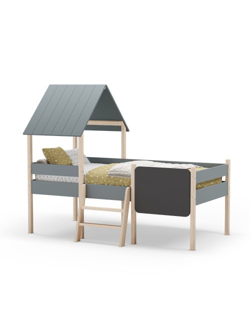 Letto rialzato a casetta Mint in legno massiccio verde cachi e pino con lavagnetta