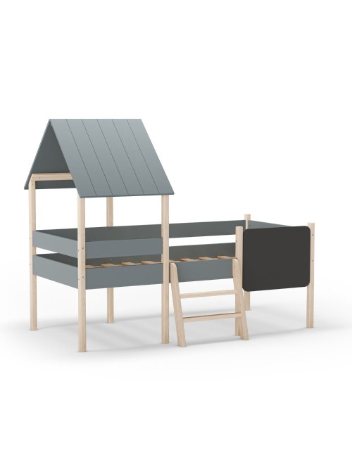 Letto rialzato a casetta Mint in legno massiccio verde cachi e pino con lavagnetta