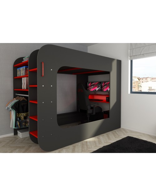 Letto a soppalco con postazione gamer colore antracite rosso 5000