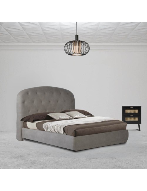 Letto matrimoniale contenitore Button1 grigio chiaro con testiera arrotondata
