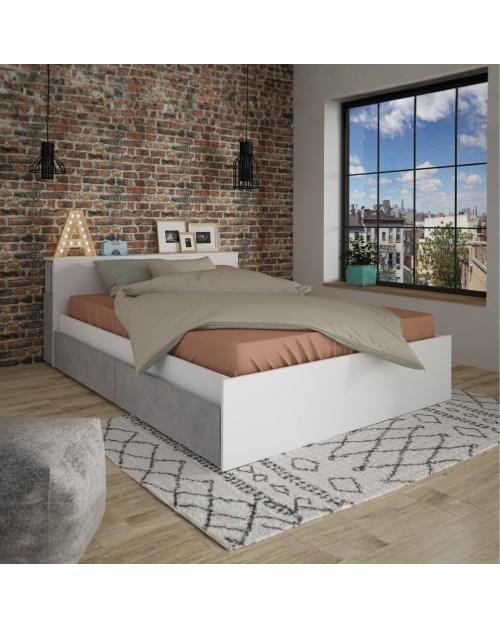 Letto francese 1566 bianco e cemento con 4 cassettoni e comodini estraibili