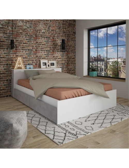 Letto francese 1566 bianco e cemento con 4 cassettoni e comodini estraibili