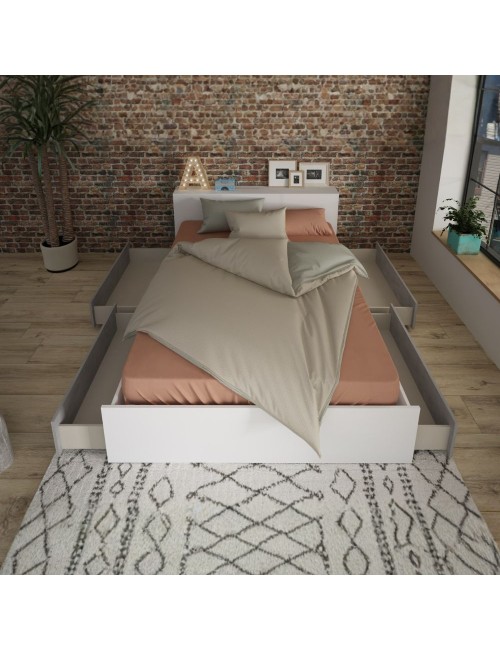 Letto francese 1566 bianco e cemento con 4 cassettoni e comodini estraibili