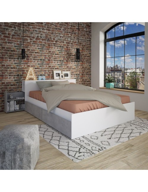 Letto francese 1566 bianco e cemento con 4 cassettoni e comodini estraibili