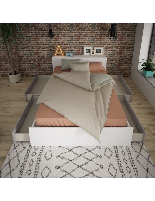 Letto francese 1566 bianco e cemento con 4 cassettoni e comodini estraibili