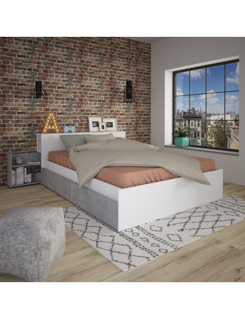 Letto francese 1566 bianco e cemento con 4 cassettoni e comodini estraibili