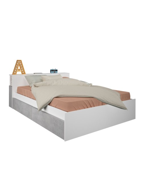 Letto francese 1566 bianco e cemento con 4 cassettoni e comodini estraibili