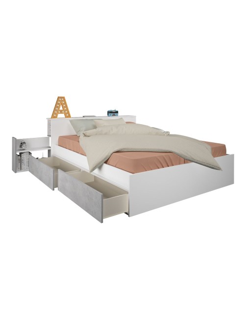 Letto francese 1566 bianco e cemento con 4 cassettoni e comodini estraibili