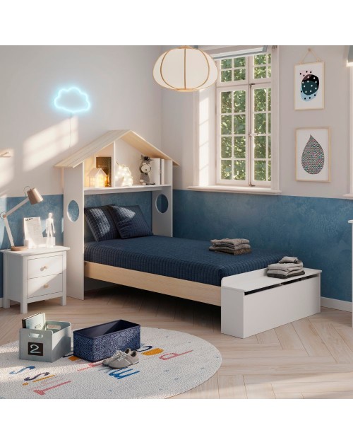Letto singolo Odessa in legno massiccio con testiera a casetta e pediera contenitore bianco 216,5x128,5x153H