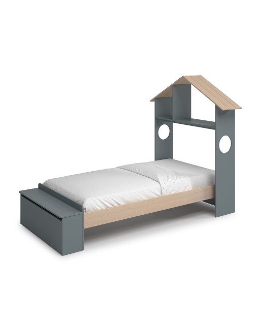 Letto singolo Odessa in legno massiccio con testiera a casetta e pediera contenitore verde cachi e pino 216,5x128,5x153H