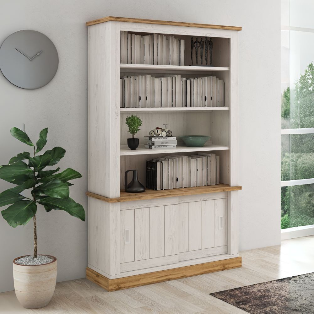Credenza Libreria colore pino bianco e rovere 3 ripiani e 2 ante scorrevoli AnthonyIII 121.5x39,6x196H