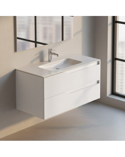 Mobile bagno sospeso Soho colore bianco opaco con cassetti effetto cannettato 100x45x50H
