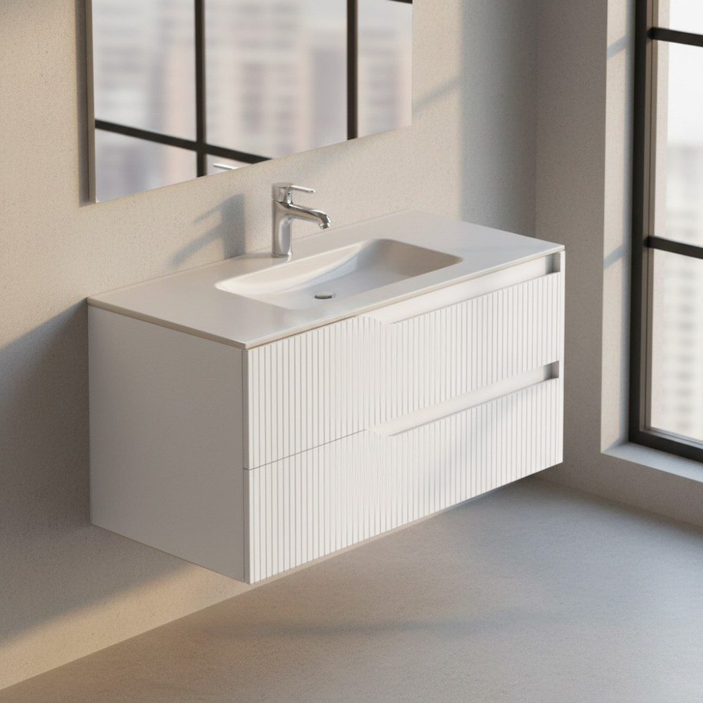 Mobile bagno sospeso Soho colore bianco opaco con cassetti effetto cannettato 100x45x50H