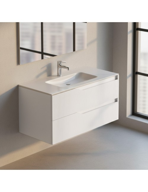 Mobile bagno sospeso Soho colore bianco opaco con cassetti effetto cannettato 100x45x50H