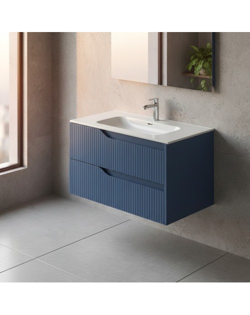 Mobile bagno sospeso Soho colore azzurro opaco con cassetti effetto cannettato 80x45x50H