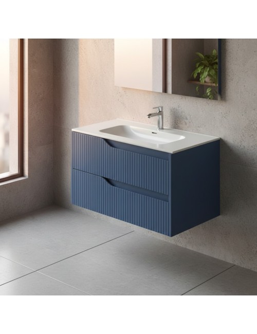 Mobile bagno sospeso Soho colore azzurro opaco con cassetti effetto cannettato 80x45x50H