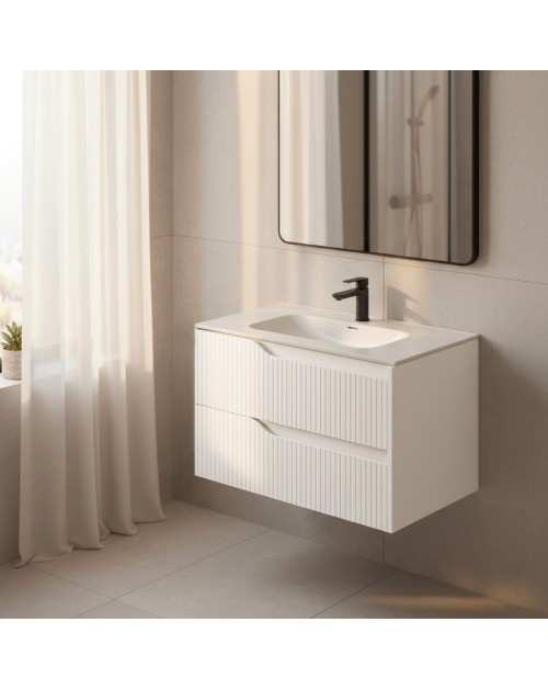 Mobile bagno sospeso Soho colore bianco opaco con cassetti effetto cannettato 80x45x50H