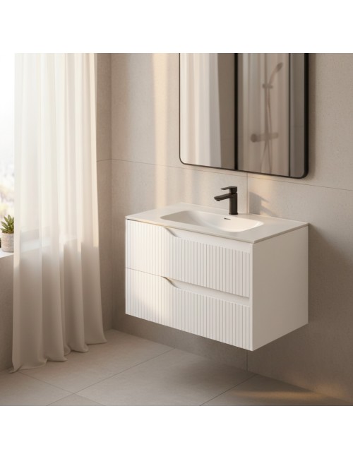 Mobile bagno sospeso Soho colore bianco opaco con cassetti effetto cannettato 80x45x50H