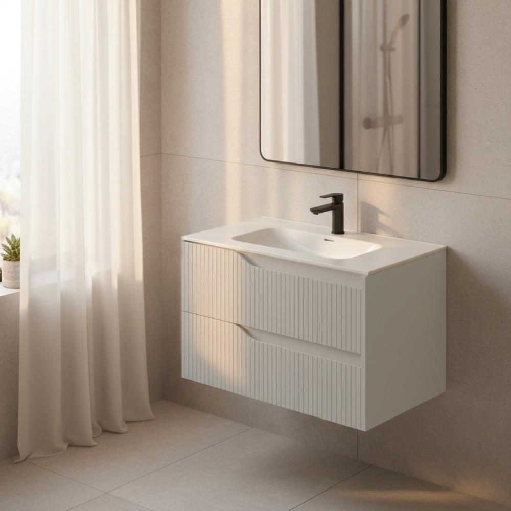 Mobile bagno sospeso Soho colore cashmere opaco con cassetti effetto cannettato 80x45x50H