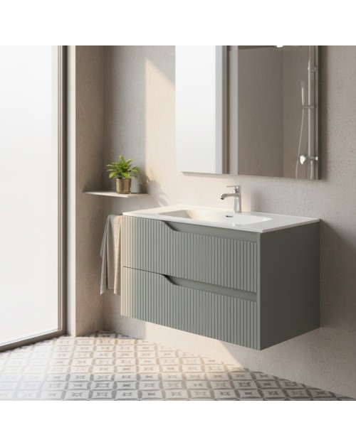 Mobile bagno sospeso Soho colore verde opaco con cassetti effetto cannettato 80x45x50H