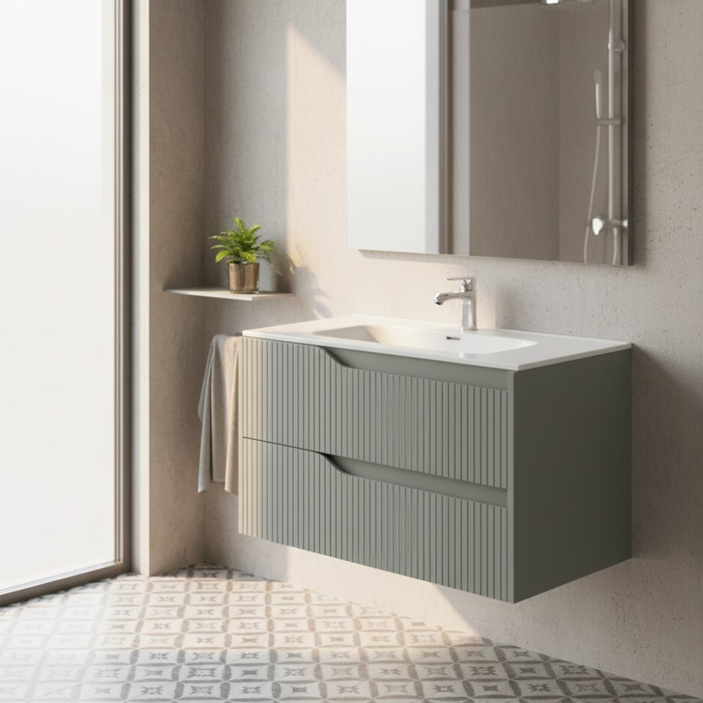 Mobile bagno sospeso Soho colore verde opaco con cassetti effetto cannettato 80x45x50H