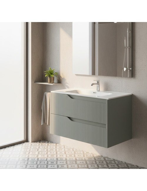 Mobile bagno sospeso Soho colore verde opaco con cassetti effetto cannettato 80x45x50H