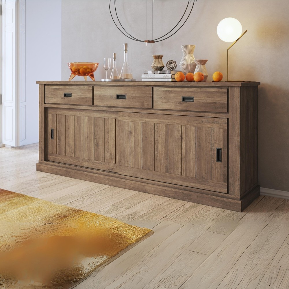 Credenza colore noce eastwood 3 cassetti e 2 ante scorrevoli Anthony67070 219,6x49,8x95H stile shabby