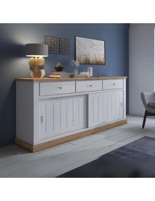 Credenza colore pino bianco e rovere wotan 3 cassetti e 2 ante scorrevoli Anthony67070 219,6x49,8x95H stile shabby