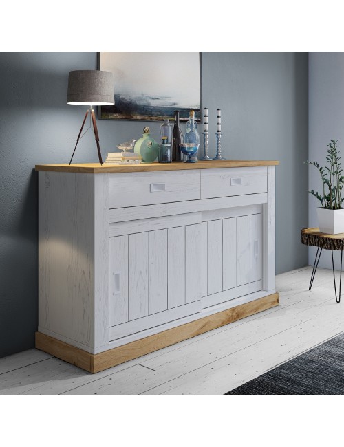 Madia colore pino bianco e rovere wotan 2 cassetti e 2 ante scorrevoli Anthony52 149,9x49,8x95,5Hn e anderson pine stile shabby