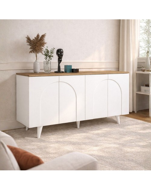 Madia Bono Bianca con 4 Ante ad Arco e Piano Rovere 150 cm