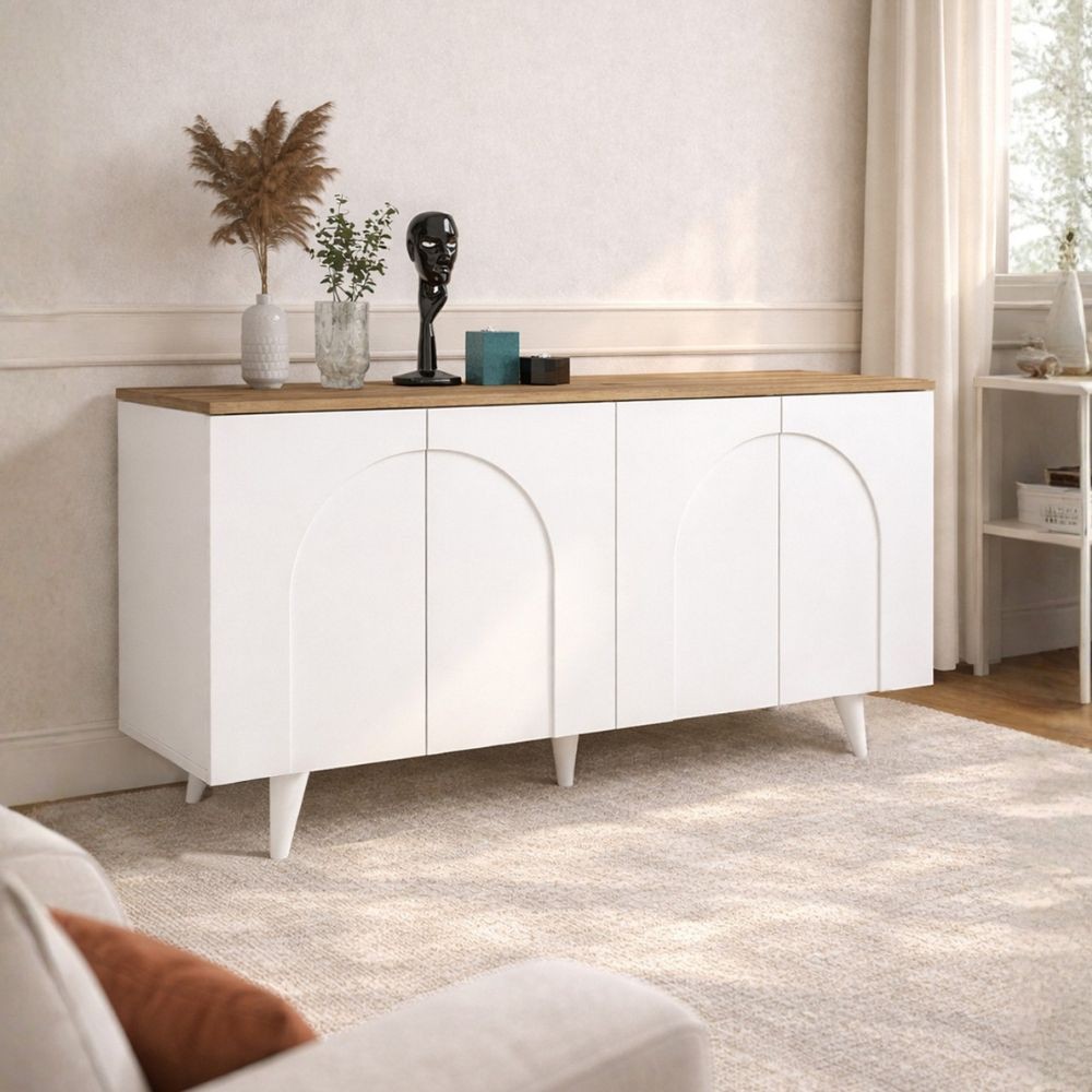 Madia Bono Bianca con 4 Ante ad Arco e Piano Rovere 150 cm