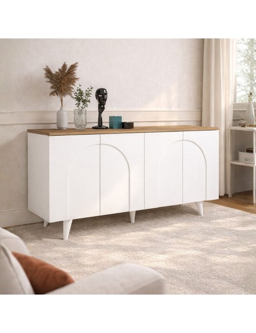 Madia Bono Bianca con 4 Ante ad Arco e Piano Rovere 150 cm