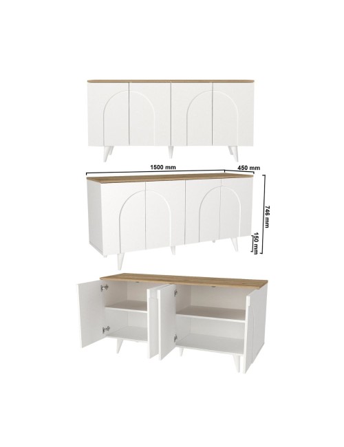 Madia Bono Bianca con 4 Ante ad Arco e Piano Rovere 150 cm