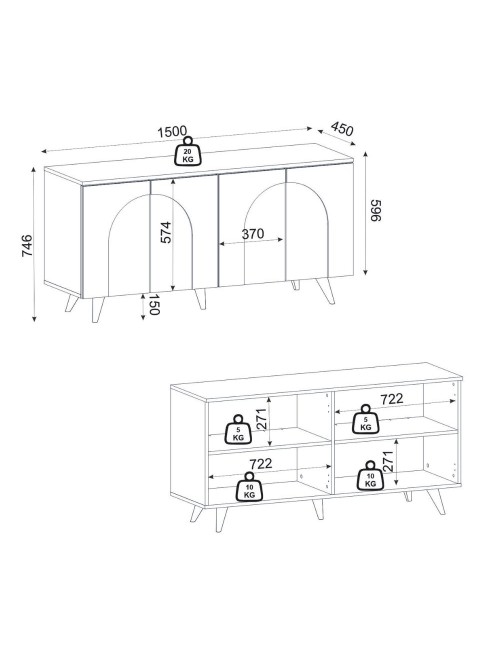 Madia Bono Bianca con 4 Ante ad Arco e Piano Rovere 150 cm