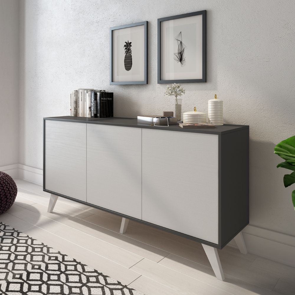 Madia Nimes 3 ante bianco rustico e struttura antracite 153,9x39,6x72H