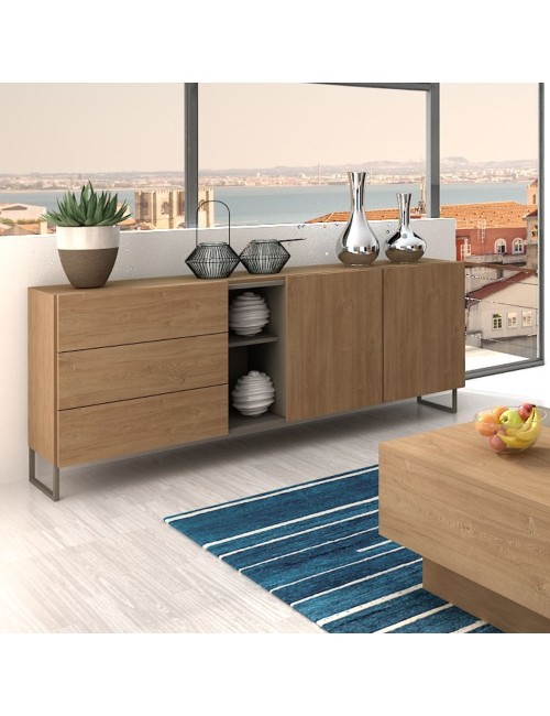 Madia 1055 rovere miele con 3 cassetti 2 ante e vano a giorno tortora 175x38x73.6H
