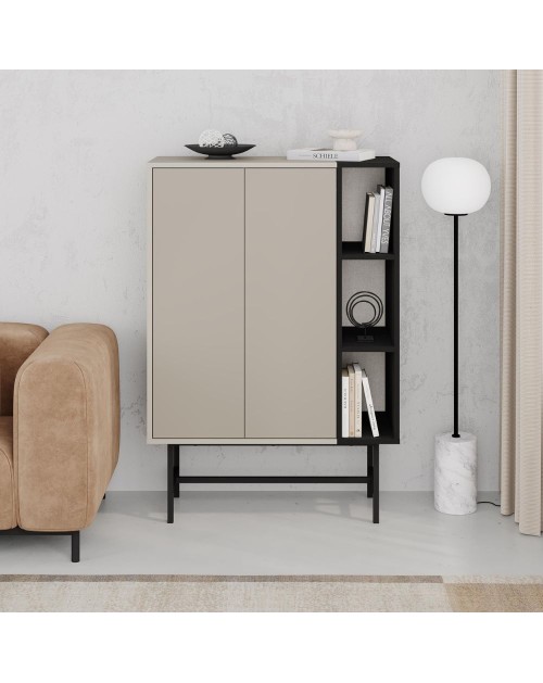 Credenza alta Mona con due ante cashmere e tre vani a giorno neri 90x40x130H