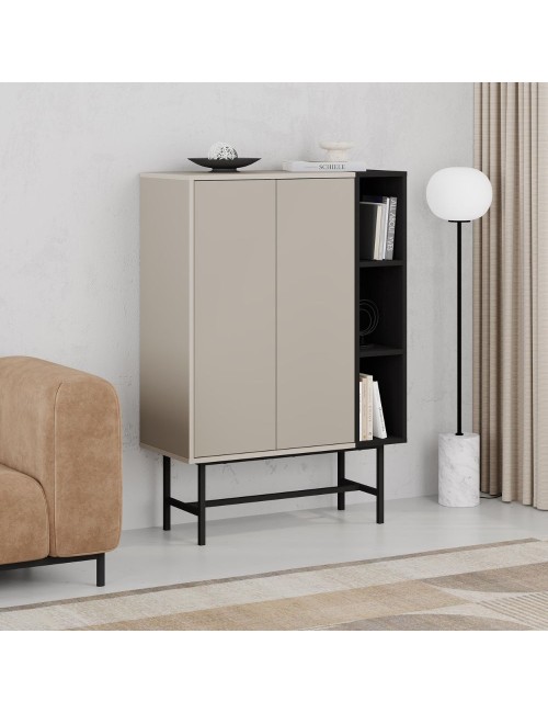 Credenza alta Mona con due ante cashmere e tre vani a giorno neri 90x40x130H