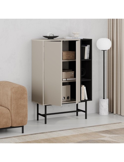 Credenza alta Mona con due ante cashmere e tre vani a giorno neri 90x40x130H