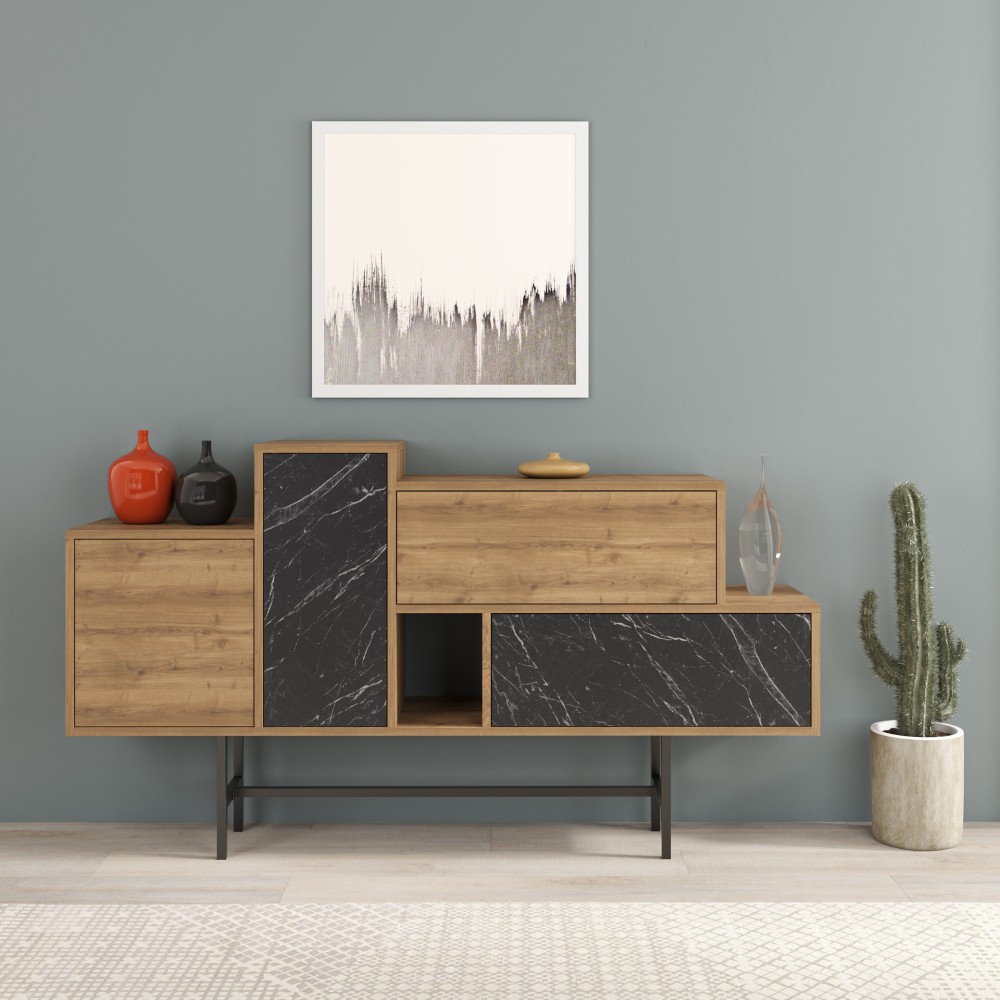 Madia legno naturale con ante e cassetti effetto marmo nero Hermes 160